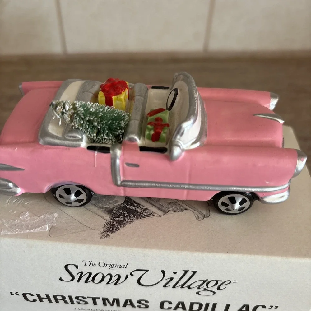 Dept 56 Snow Village Christmas Cadillac Pink Hand Painted Ceramic Retired #54135